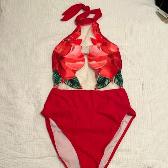 NWOT - Red Floral Halter Open Back One Piece Swimsuit - Picture 1 of 6